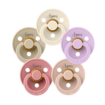Bibs Colour, Str. 1 (0-6 Mdr.), Symmetrisk - Latex, Sutter Med Navn , 5-pak