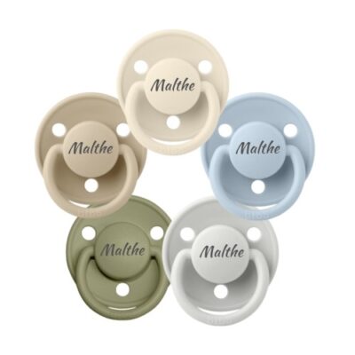 Bibs De Lux, One Size (0-36 Mdr.), Rund - Silikone, Sutter Med Navn , 5-pak