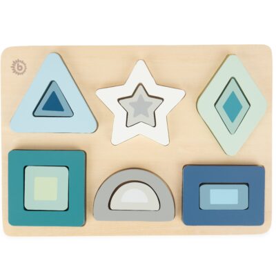 BABYNOHR - Træpuslespil i Blå Og Grøn Geometriske Figurer - Babynohr.dk