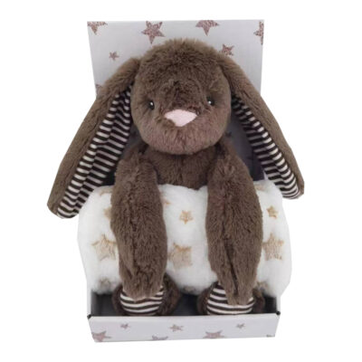 Carlo Baby - Fleece Tæppe Beige Stjerne & Bamsedyr Mørkebrun Kanin