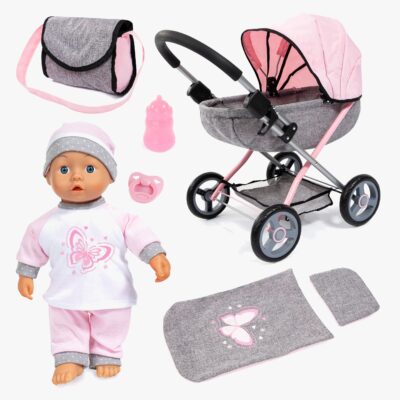 Bayer Design Dukkevogn Cosy Set med Dukke, Grå/Lyserød